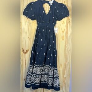 Navy Blue Embroidered Tiered Maxi Dress